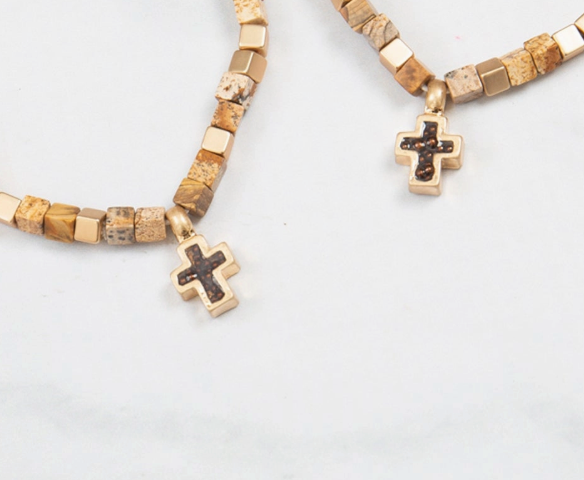 Religious Charm Cross Necklace - Natural Stone Cubic Bead: Brown Jasper