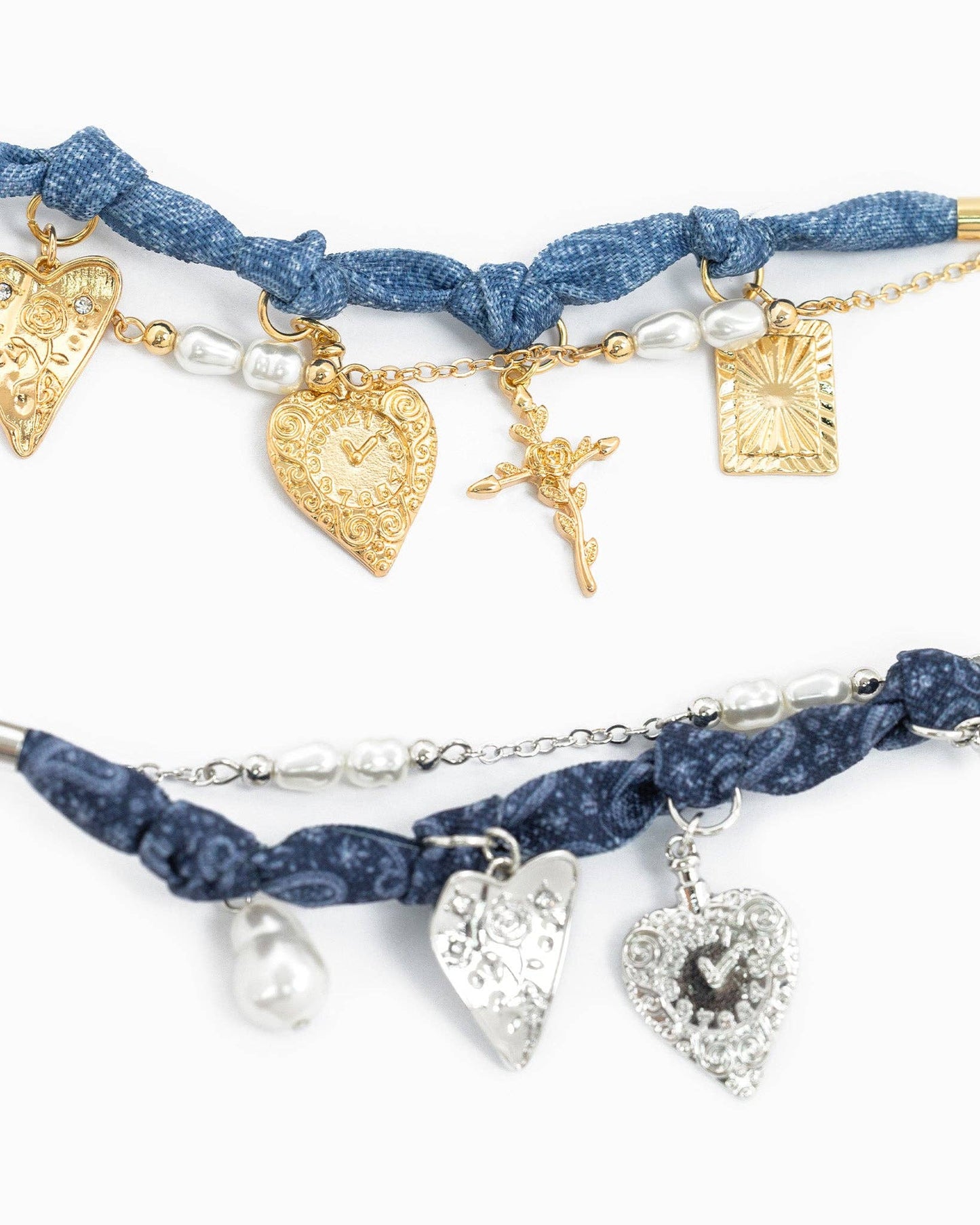 Pearl Layered Denim Bandana Heart Bracelet — Blue