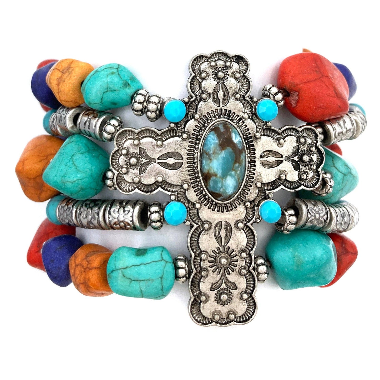 Cross Turquoise Pebbles Western Chunky Bracelet: Multicolor