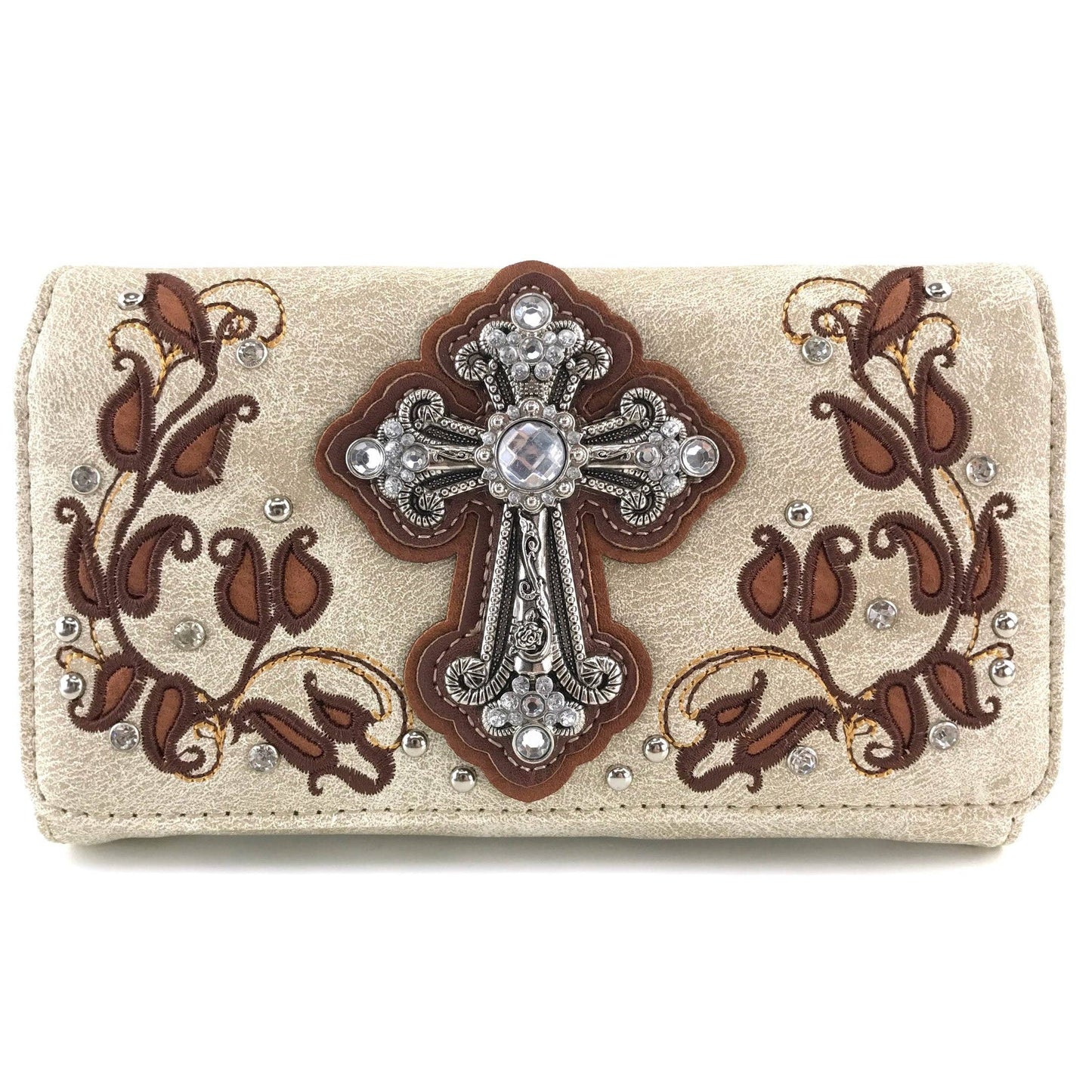 Floral Leaves Cross Western Crossbody Wallet: Beige