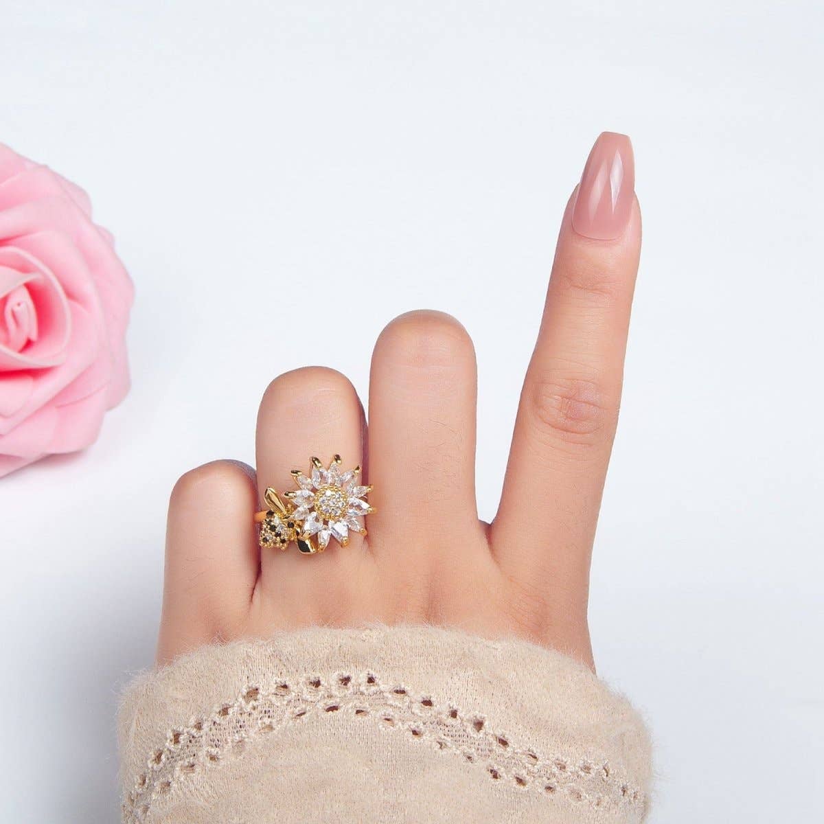 24K Gold-Filled Spinning Bumble Bee Flower Ring