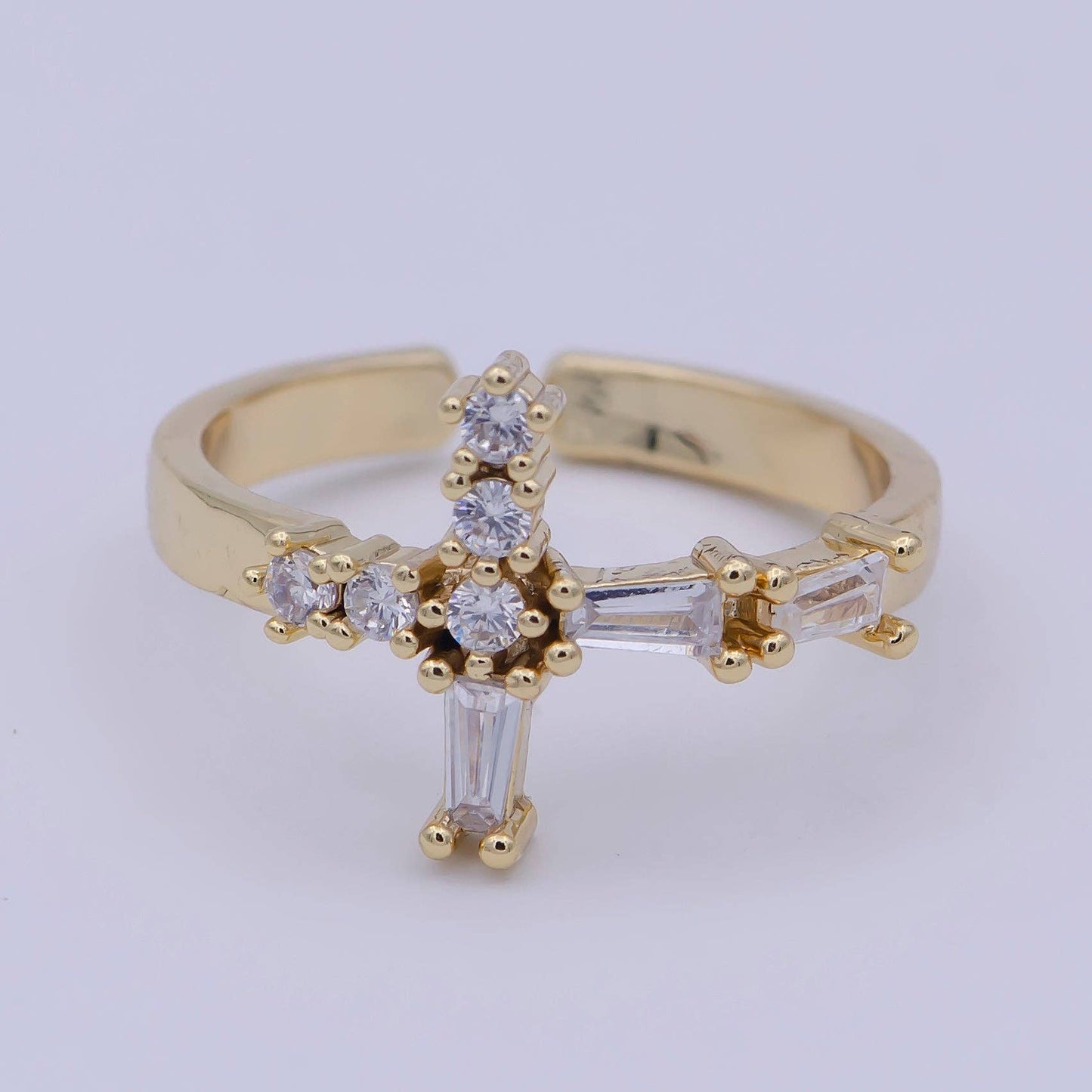 Gold Filled Open Cross Adjustable Ring with CZ