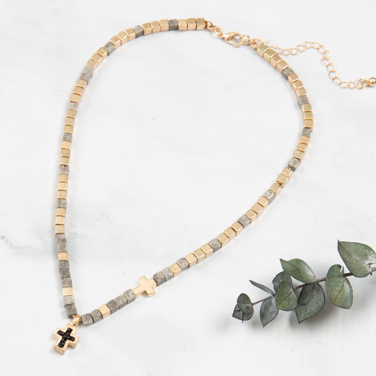 Religious Charm Cross Necklace - Natural Stone Cubic Bead: Grey Jasper