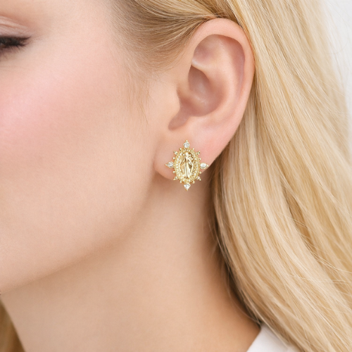 Our Lady of Guadalupe CZ Dotted Oval Stud Earrings