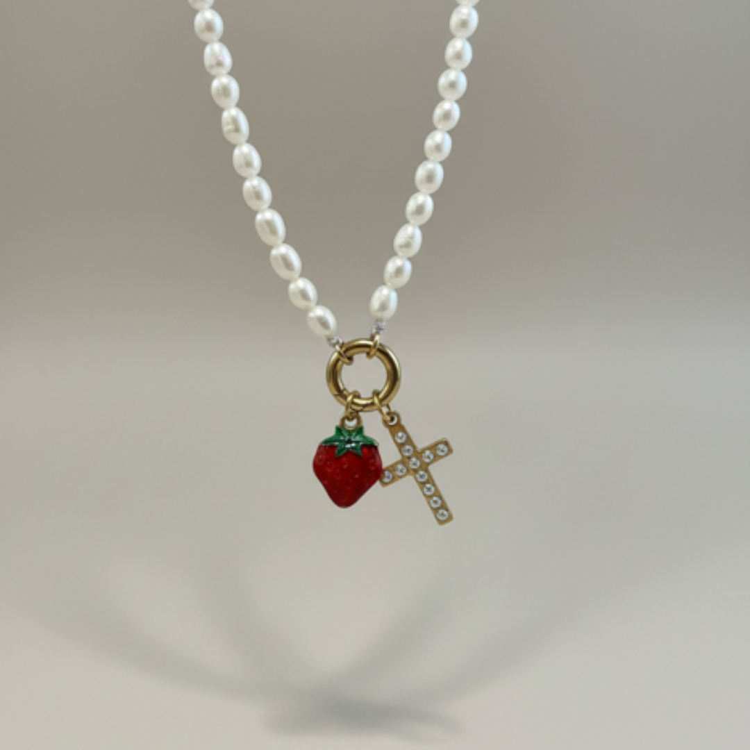 Pearl Beaded Cross Charm — 18K Gold PVD