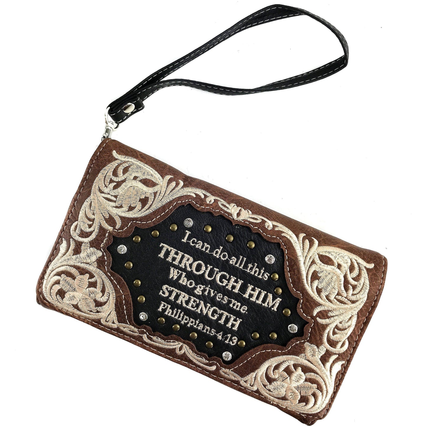 Bible Verse Philippians 4:13 Embroidery Crossbody Wallet: Brown