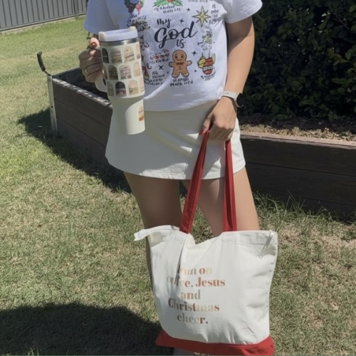 Christmas Cheer Canvas Tote – “Coffee, Jesus & Christmas Cheer”