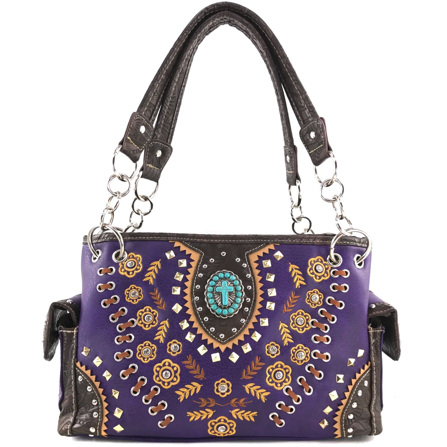Turquoise Cross Gold Flower Women's Handbag Purse: Purple
