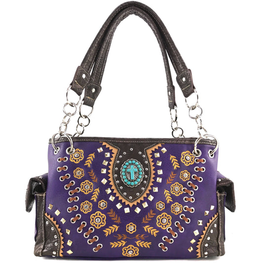 Turquoise Cross Gold Flower Women's Handbag Purse: Purple