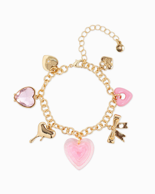 Y2K Pink Heart and Bow Charm Bracelet: Gold
