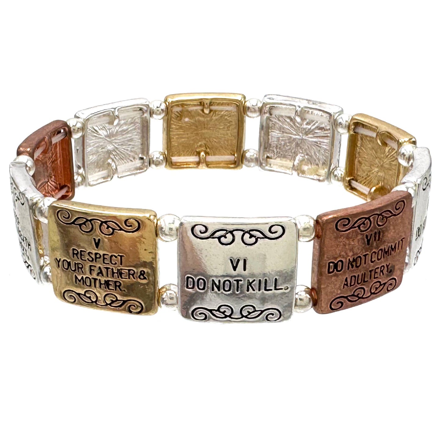 Ten Commandments Inscription Silver Stretch Bracelet: Gold