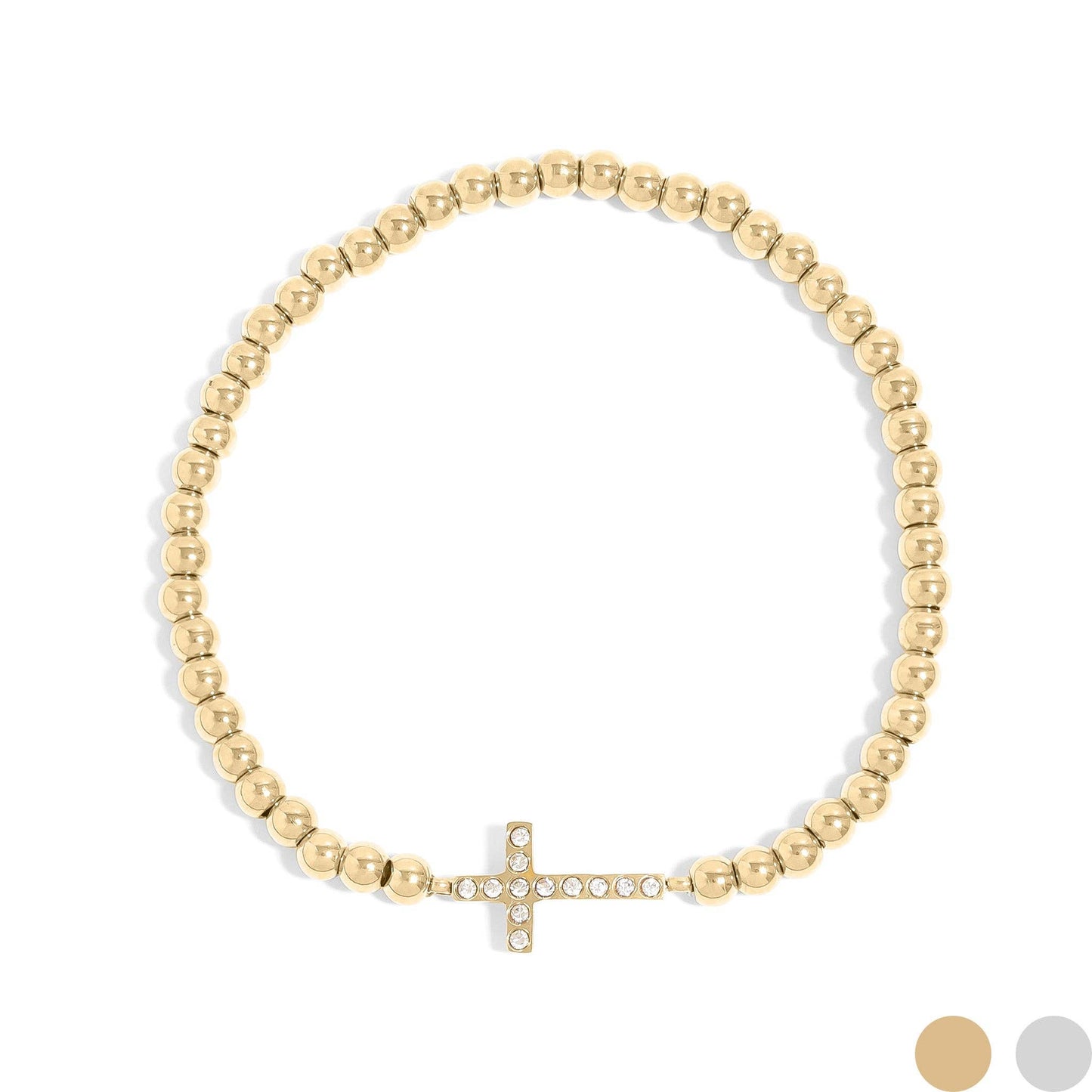 Cross Beaded Stretch Bracelet: 18K Gold PVD CZ