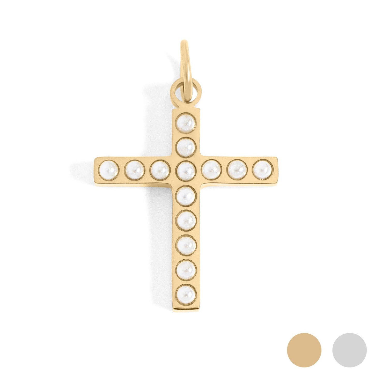 Pearl Beaded Cross Charm — 18K Gold PVD