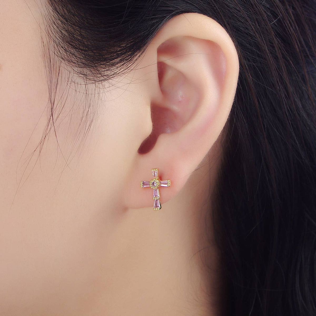 24K Gold Filled CZ Religious Cross Studs: Purple