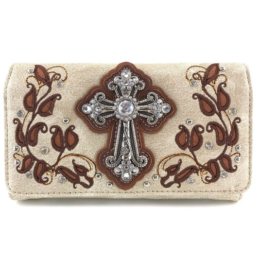 Floral Leaves Cross Western Crossbody Wallet: Beige