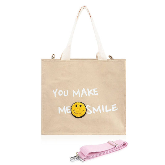 Smile Canvas Tote Bag Shoulder Crossbody Strap Fabric Purse: Beige