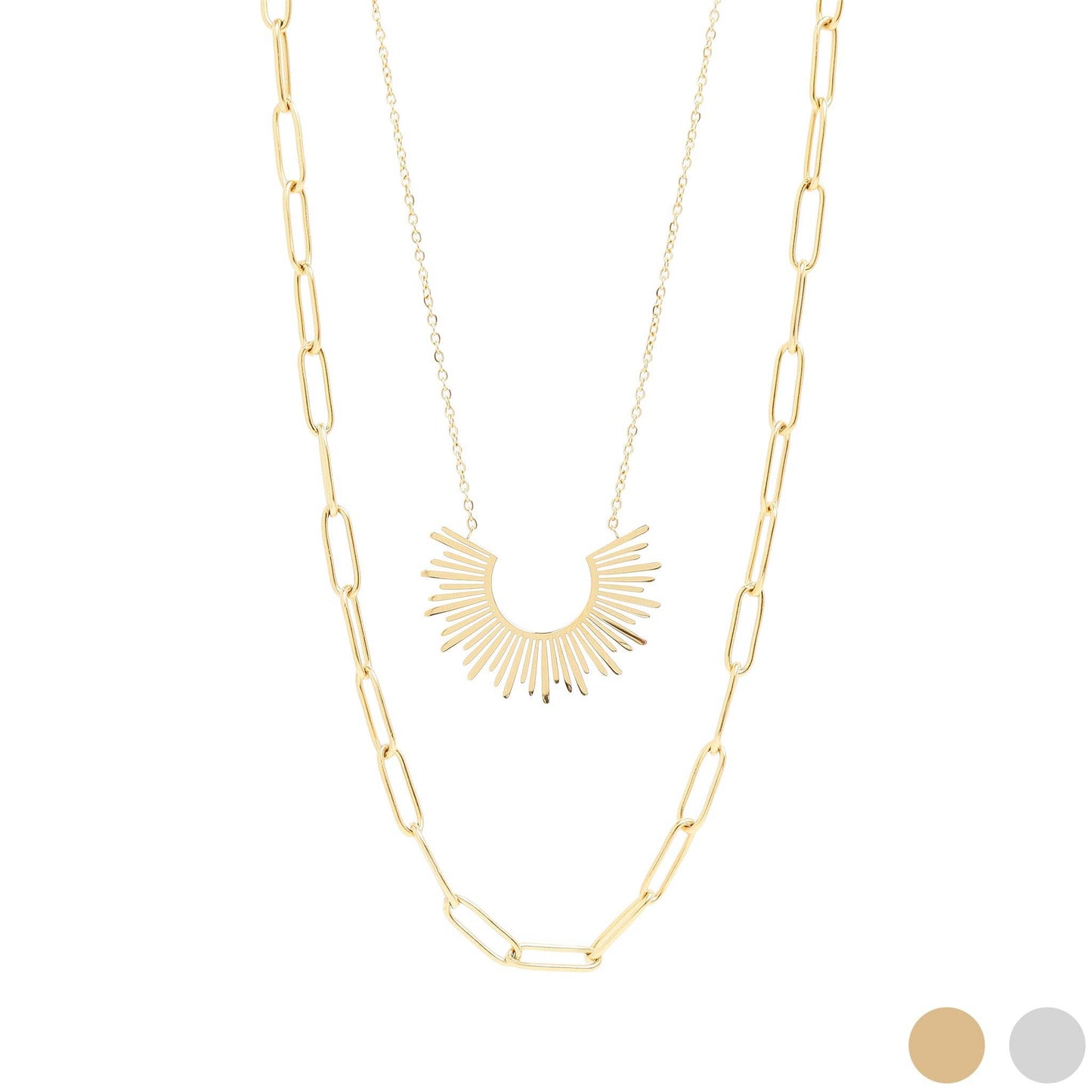 18K Gold PVD Layered Paperclip and Loop Chain Charm Necklace: Gold