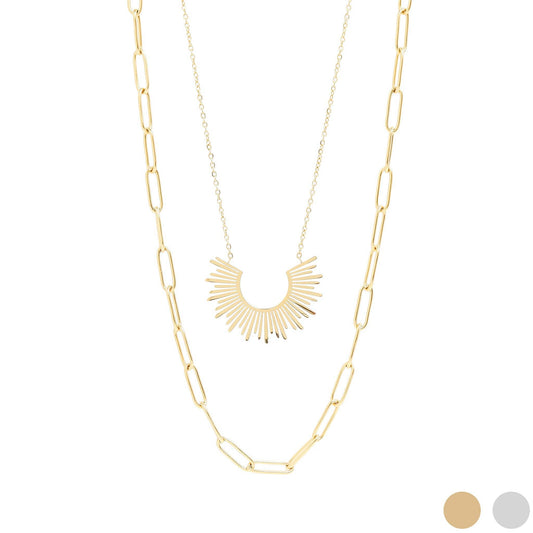 18K Gold PVD Layered Paperclip and Loop Chain Charm Necklace: Gold