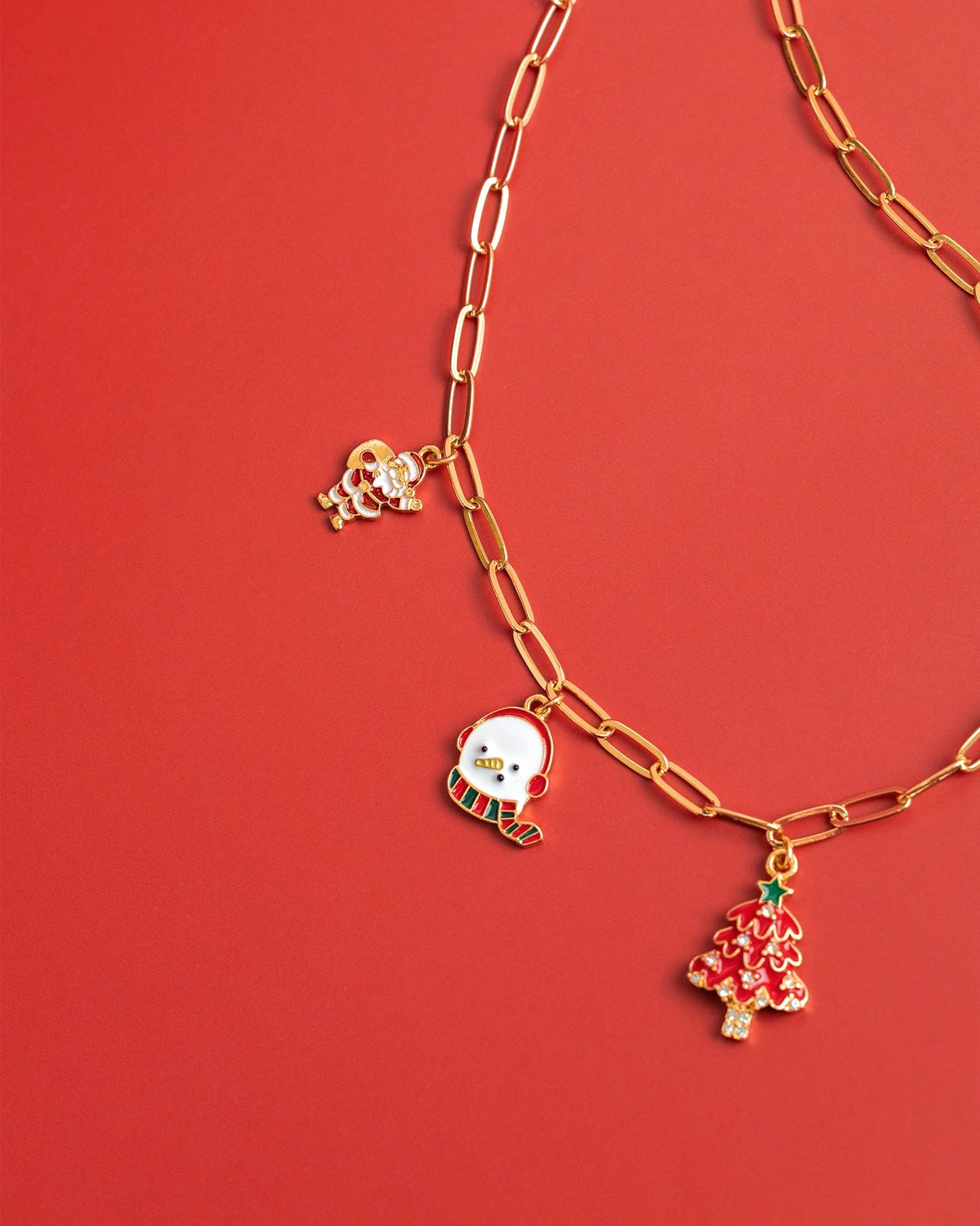 Red Santa & Snowman Christmas Charm Link Necklace