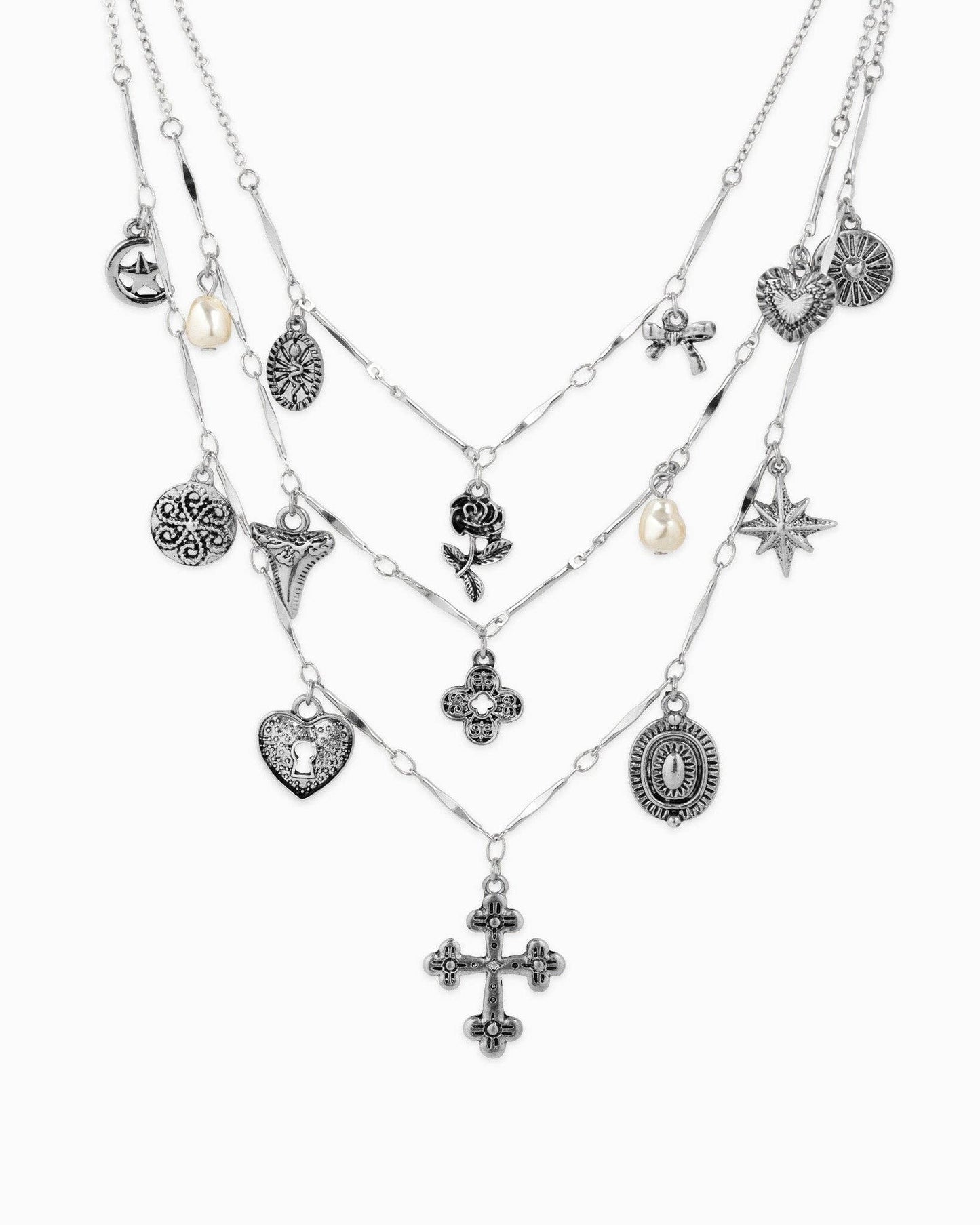 Layered Vintage Cross Necklace: Rhodium