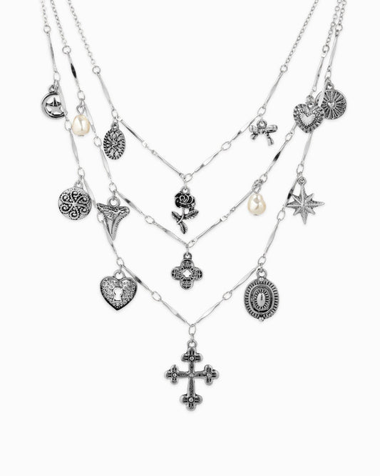 Layered Vintage Cross Necklace: Rhodium
