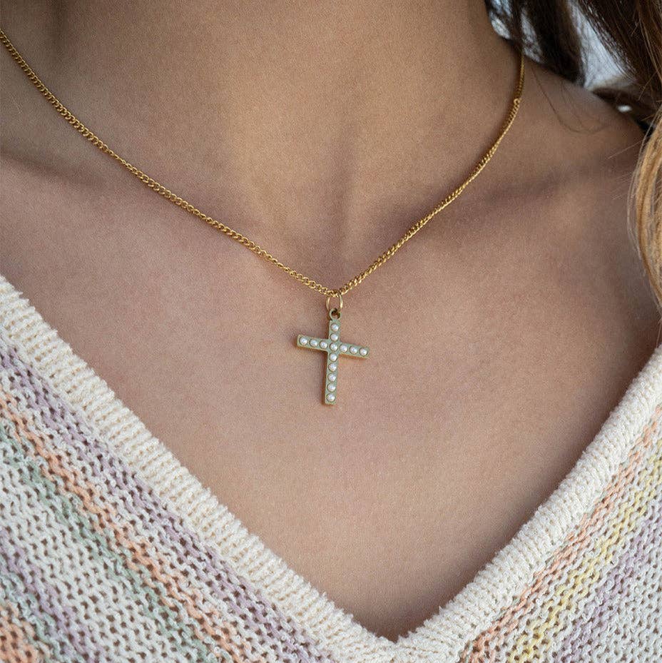 Pearl Beaded Cross Charm – 18K Gold PVD Stainless Steel (15mm)