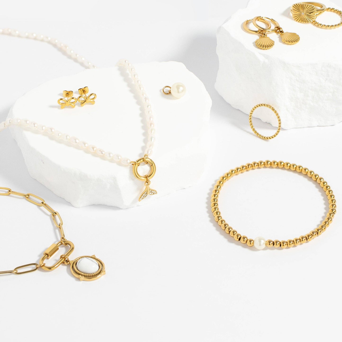 Stainless Steel Freshwater Pearl Charm Holder Necklace: Gold