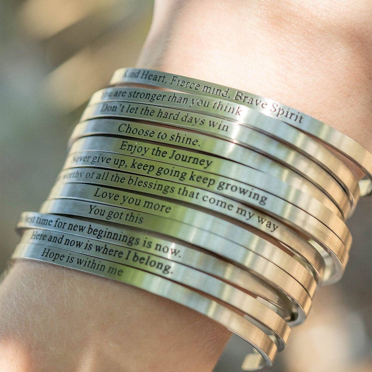 Worthy of Blessings Engraved Bangle Bracelet: Stainless Steel