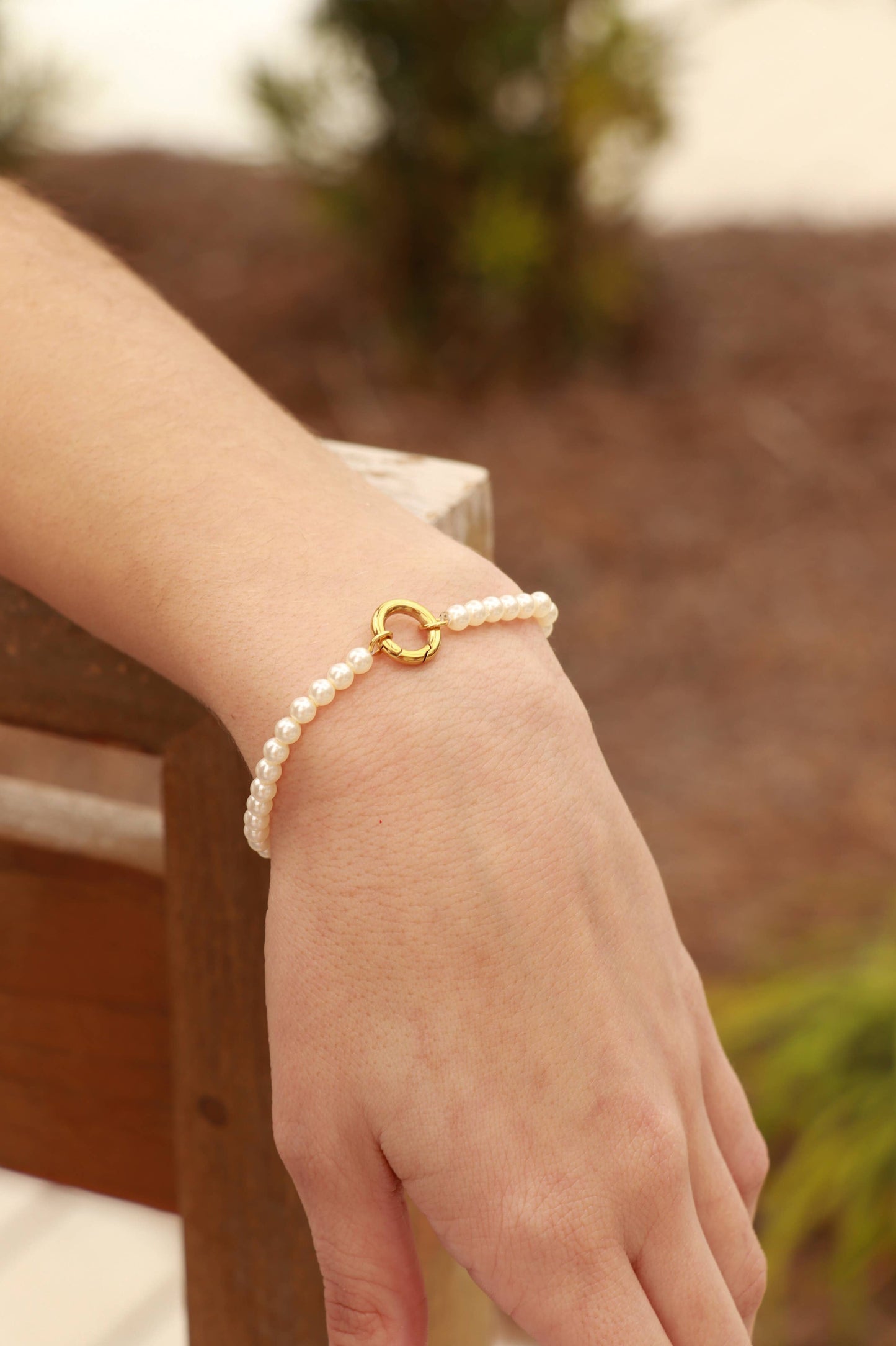 Beaded Pearl Charm Holder Bracelet — 18K Gold PVD
