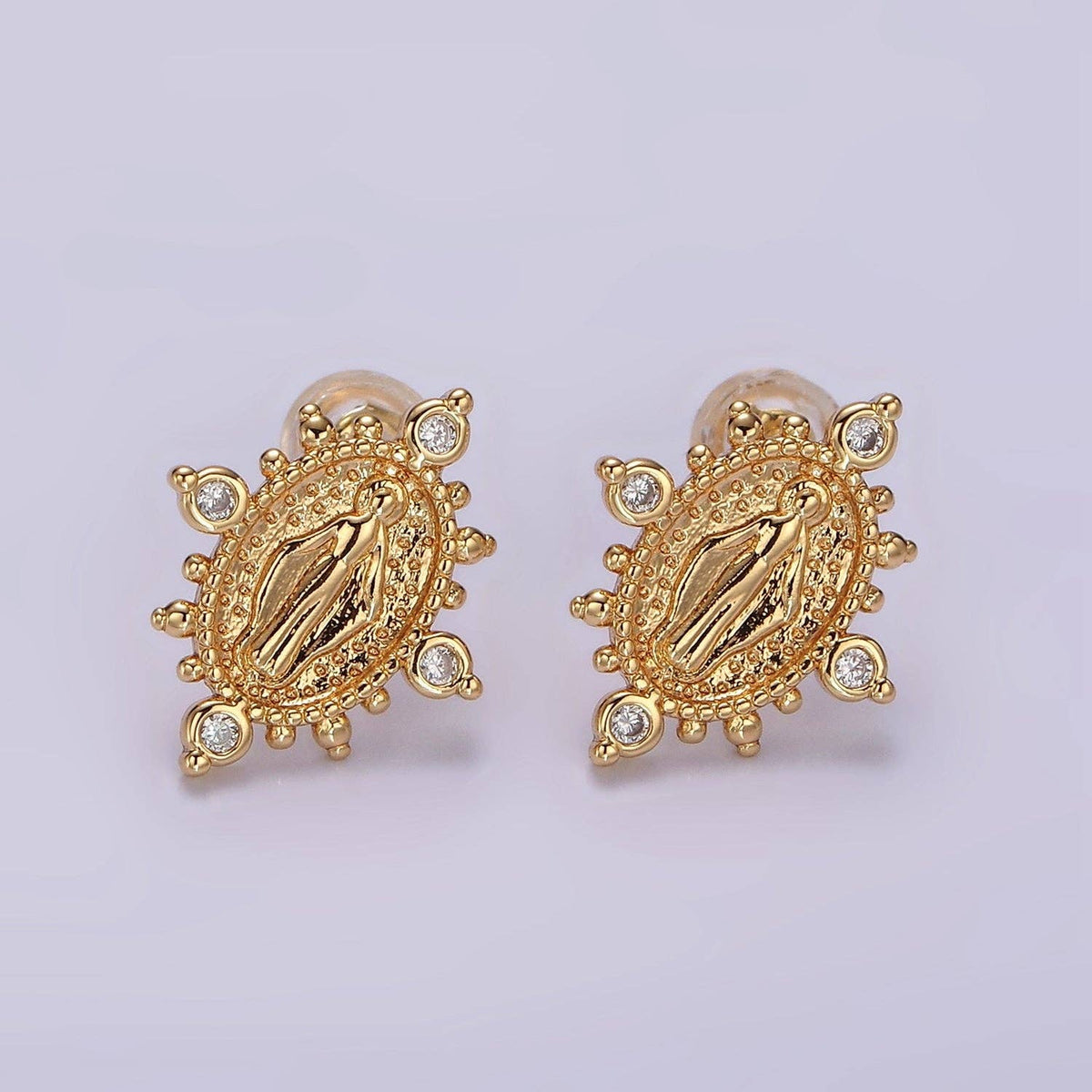 Our Lady of Guadalupe CZ Dotted Oval Stud Earrings