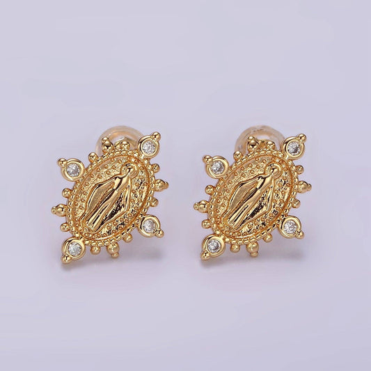 Our Lady of Guadalupe CZ Dotted Oval Stud Earrings