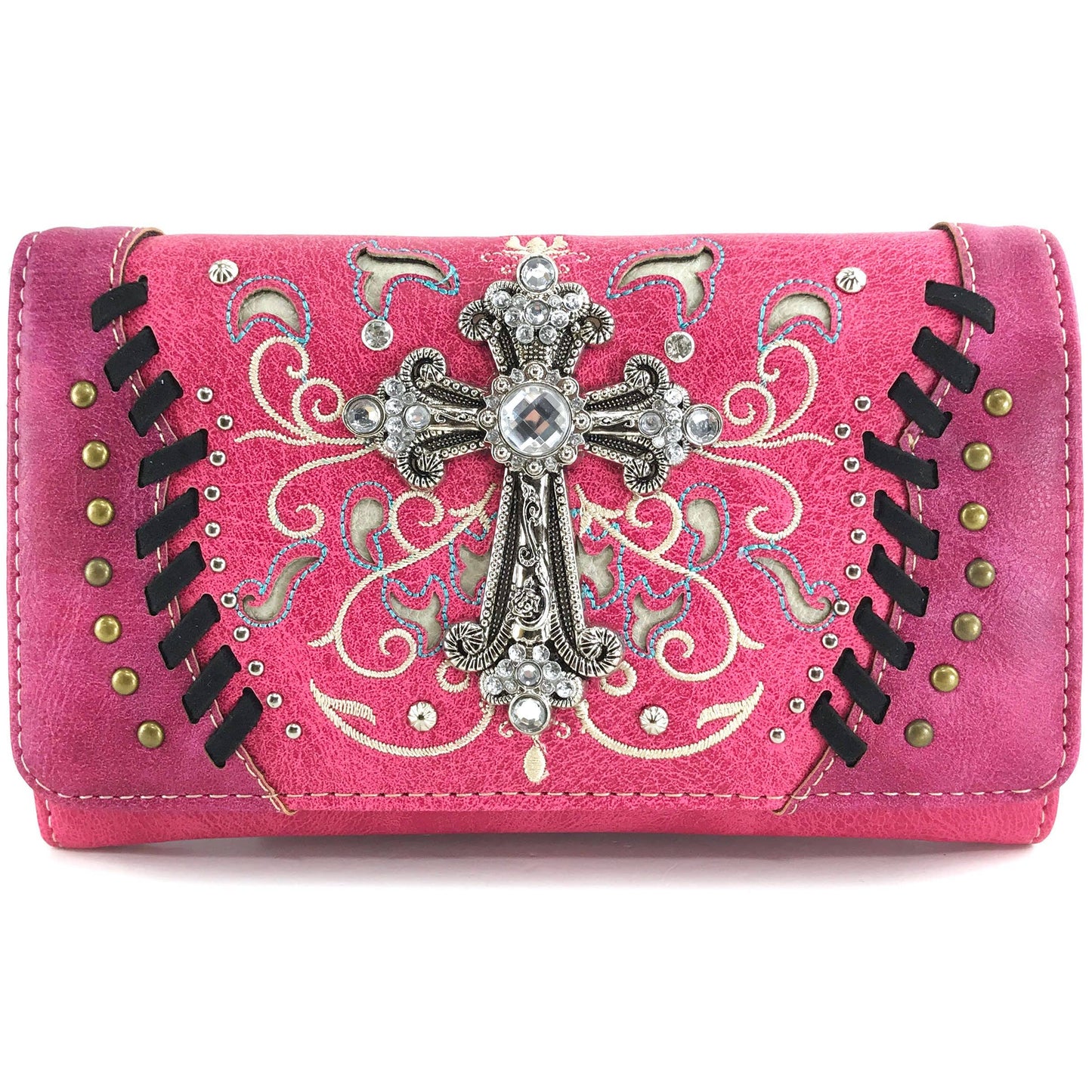 Floral Embroidery Cross Women's Wallet Clutch: Hot Pink