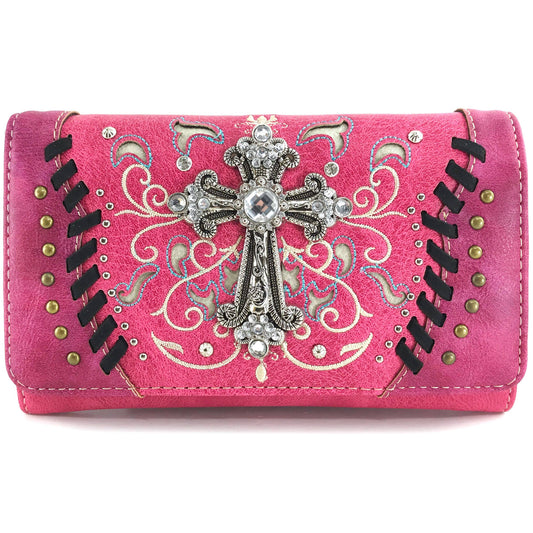 Floral Embroidery Cross Women's Wallet Clutch: Hot Pink