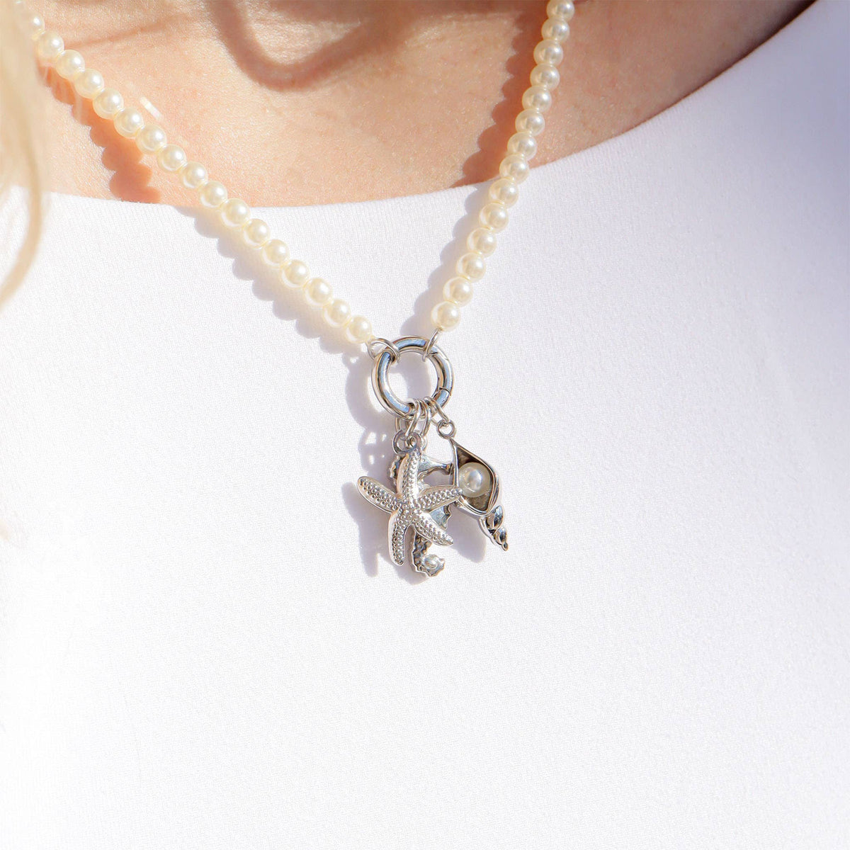 Stainless Steel Freshwater Pearl Charm Holder Necklace – Silver