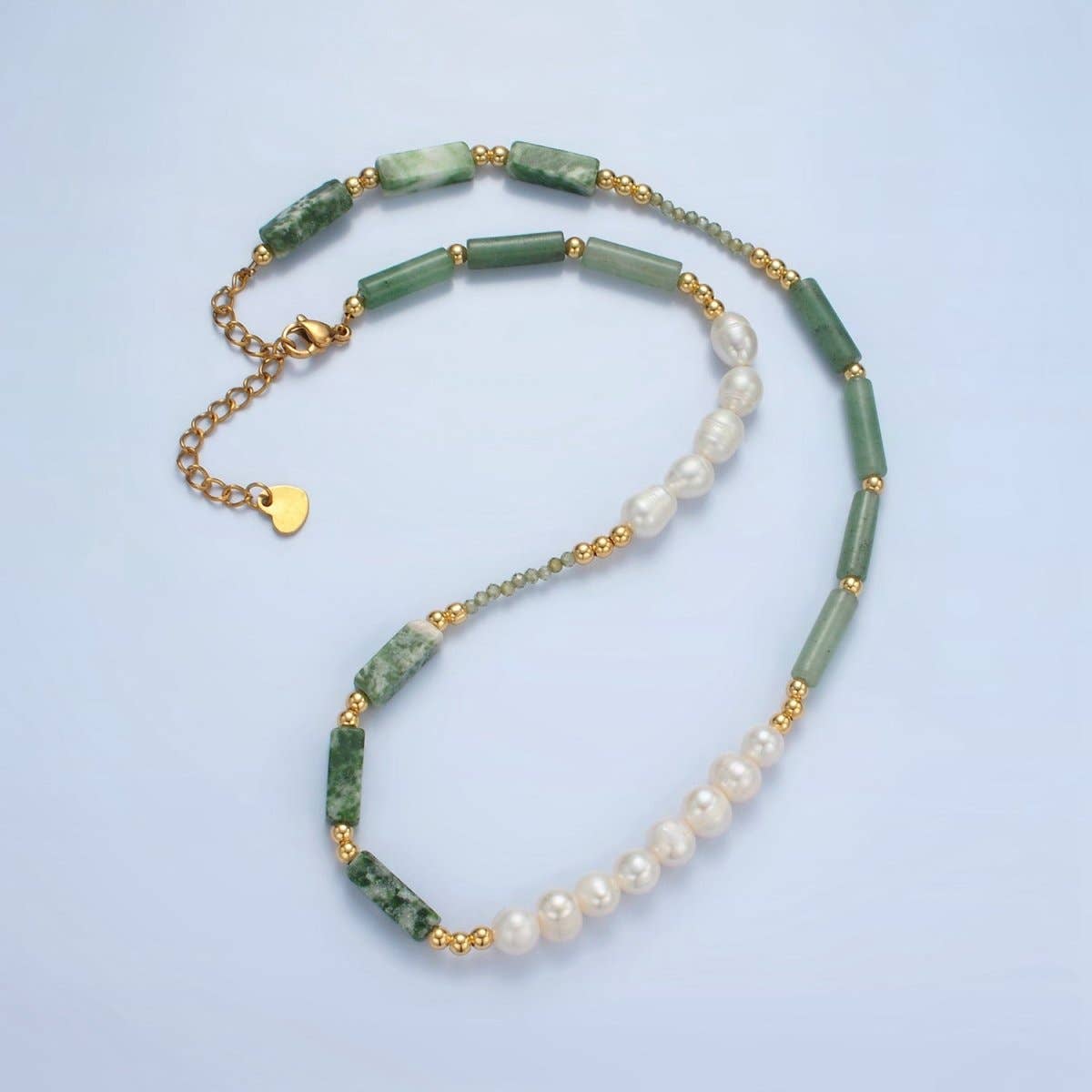 Handmade Green Jade Bead Chain Necklace with Freshwater Pearl