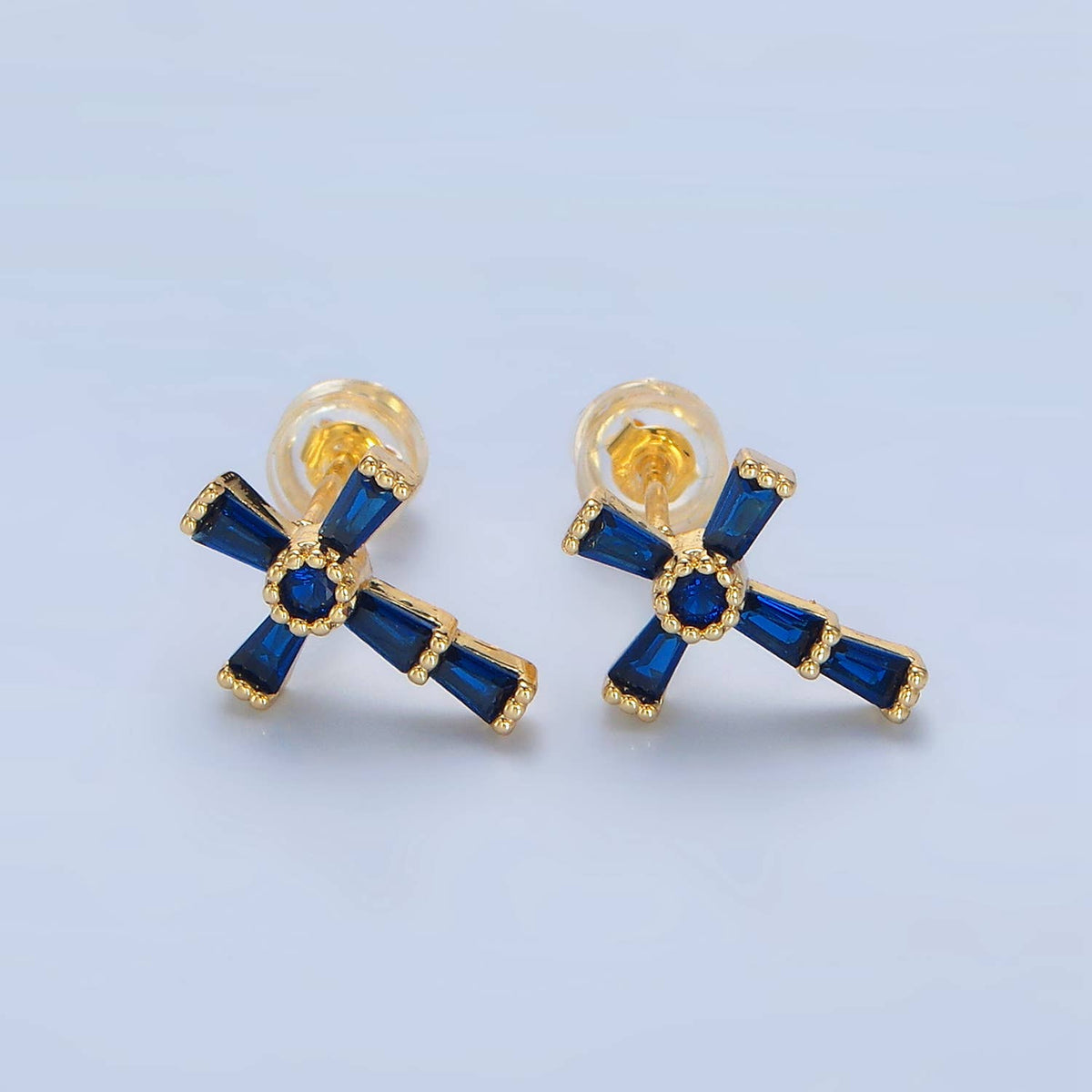 24K Gold Filled CZ Religious Cross Studs: Blue