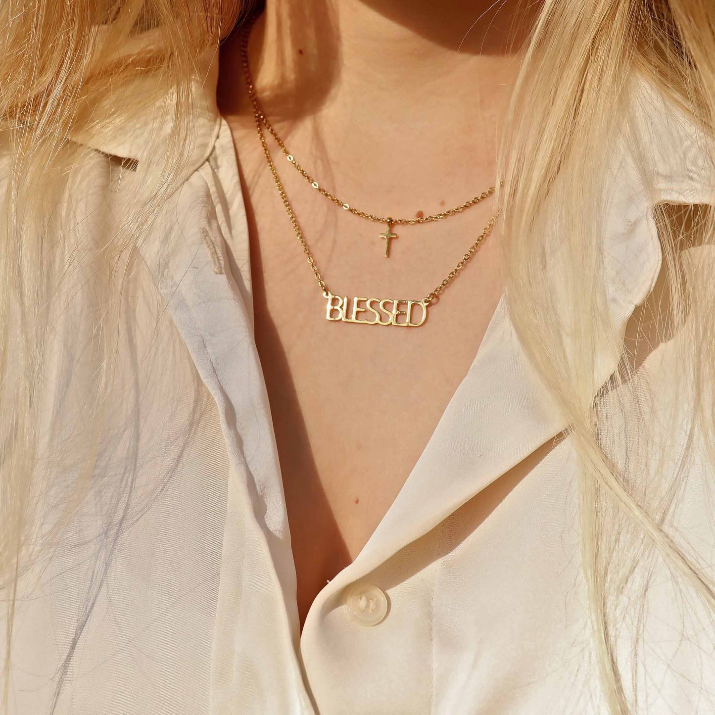 "Blessed" Layered Cross Necklace: 18K Gold PVD Stainless Steel