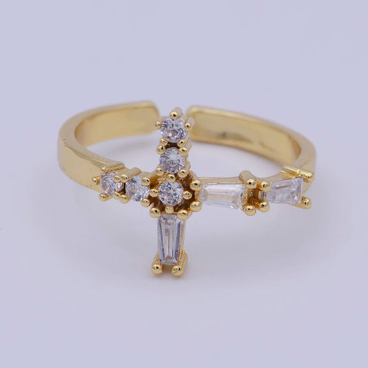 Gold Filled Open Cross Adjustable Ring with CZ