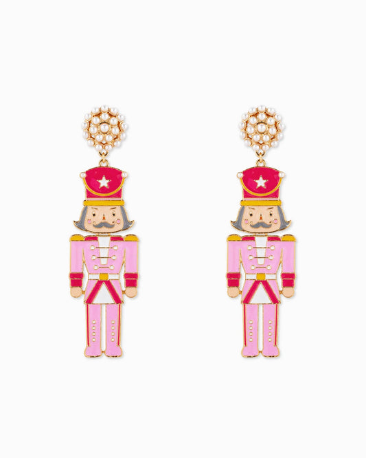 Christmas Nutcracker Soldier Drop Earrings: Pink