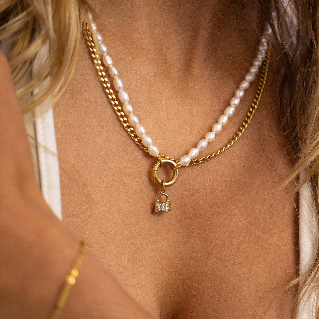 Stainless Steel Freshwater Pearl Charm Holder Necklace: Gold