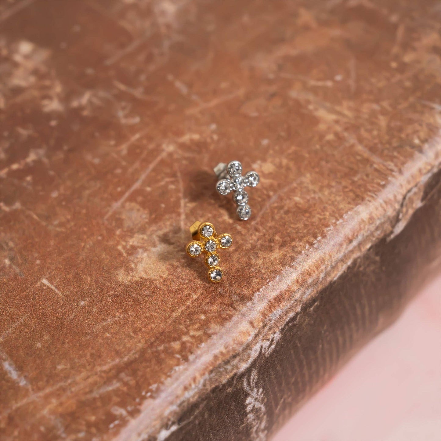 Round Stone Cross Earrings - 18K Gold PVD