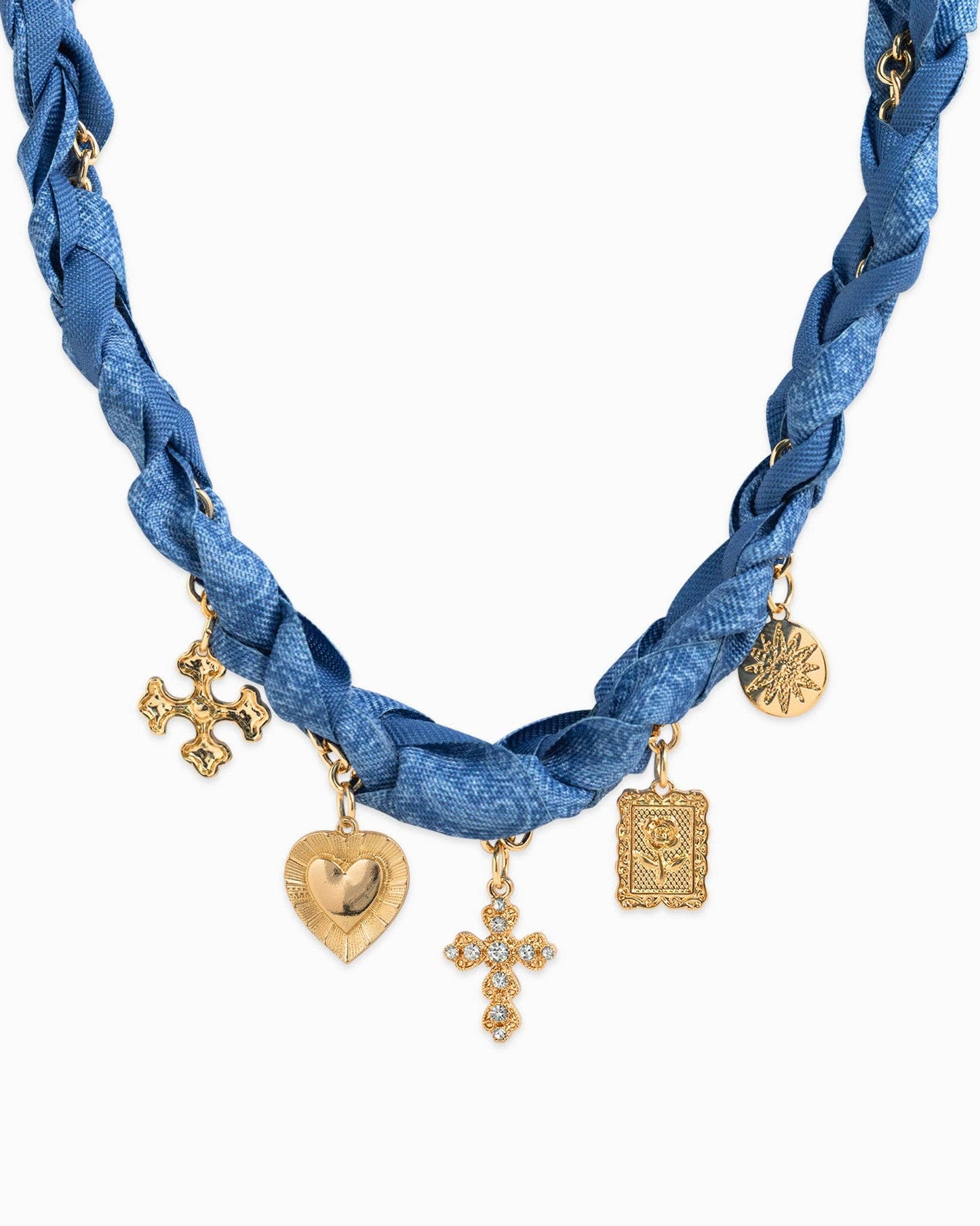 Denim Chunky Scarf Cross Heart Necklace — Blue
