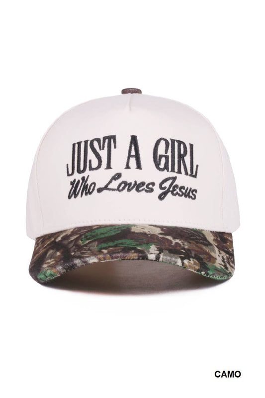 Just A Girl Who Loves Jesus – Two-Tone Canvas Cotton Cap (Camo)