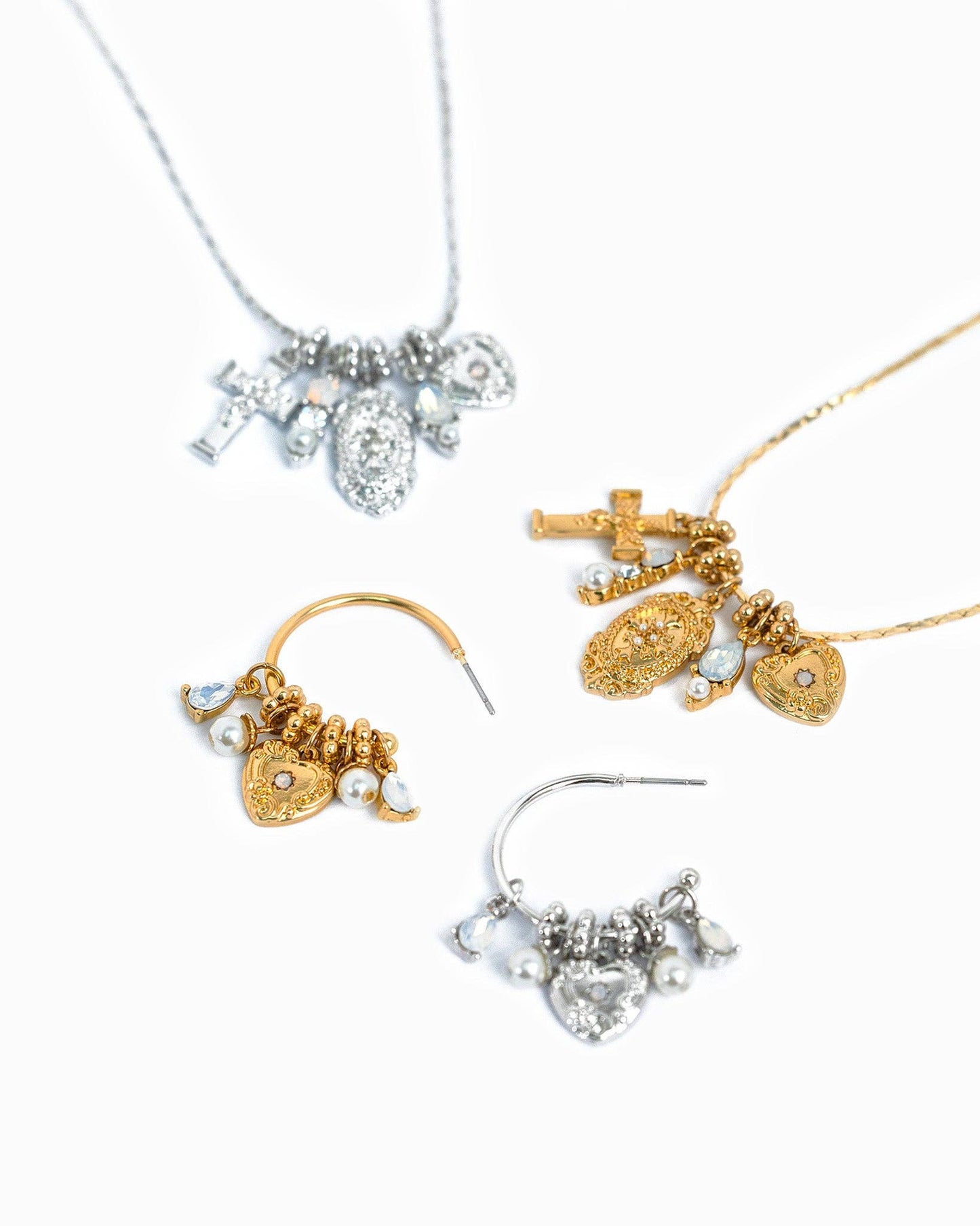 Saintly Heart – Cross & Charm Necklace: Rhodium