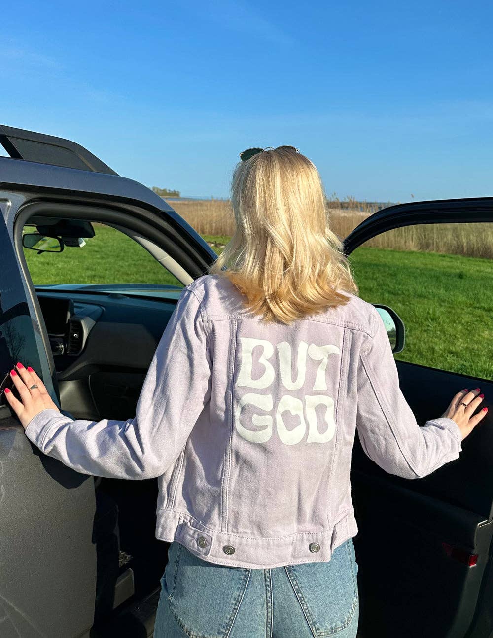 But God Cropped Denim Jacket: Lilac