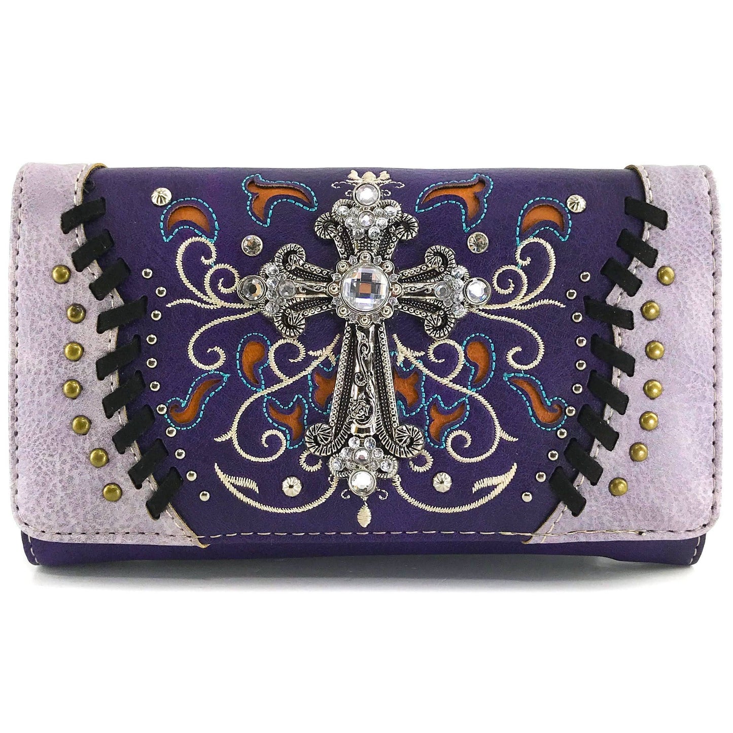 Floral Embroidery Cross Women's Wallet Clutch: Purple