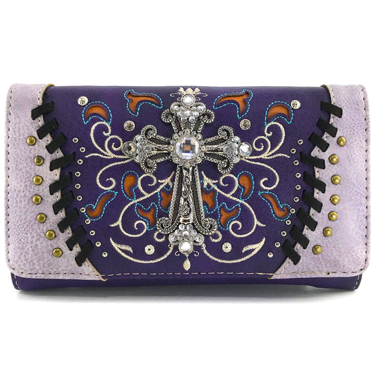 Floral Embroidery Cross Women's Wallet Clutch: Purple