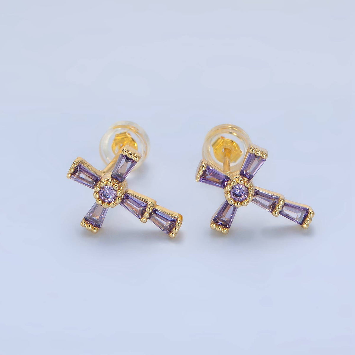 24K Gold Filled CZ Religious Cross Studs: Purple