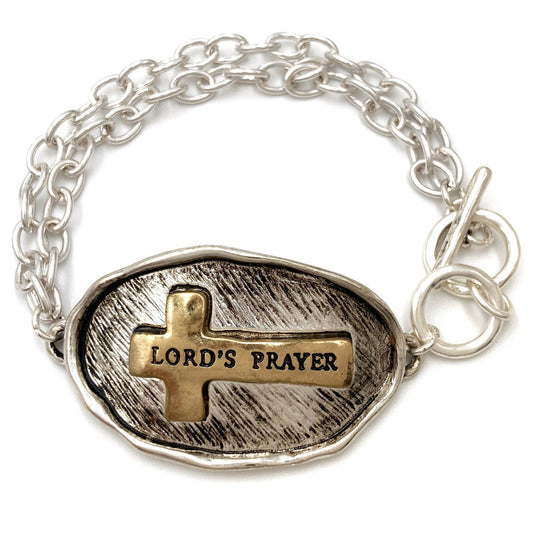 Bible Prayer Lord's Prayer Cross Chain Toggle Clasp Bracelet: Silver
