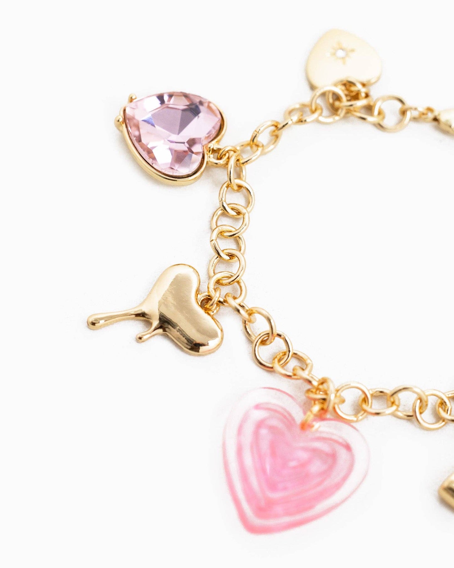Y2K Pink Heart and Bow Charm Bracelet: Gold
